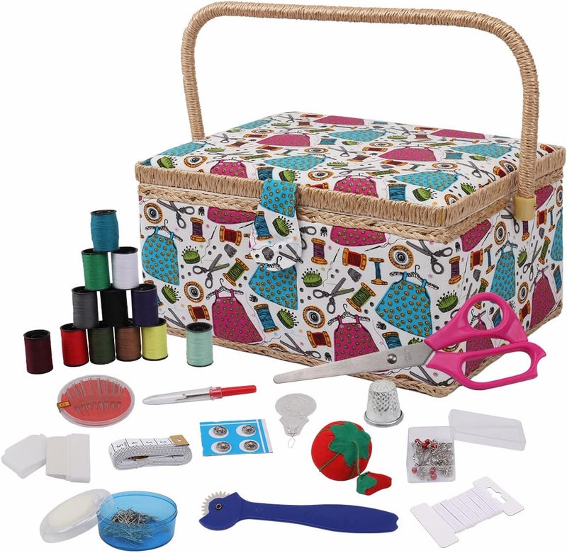 Nice Day Sewing Basket with Sewing for Girls/Kids/Beginners Colour Fabric Design Sewing Kit Accessories Large Sewing Box Sewing Supplies Organizer and Storage Portable Kit Embroidery Box 12.2 * 9.06 * 6.69 in - Image 1